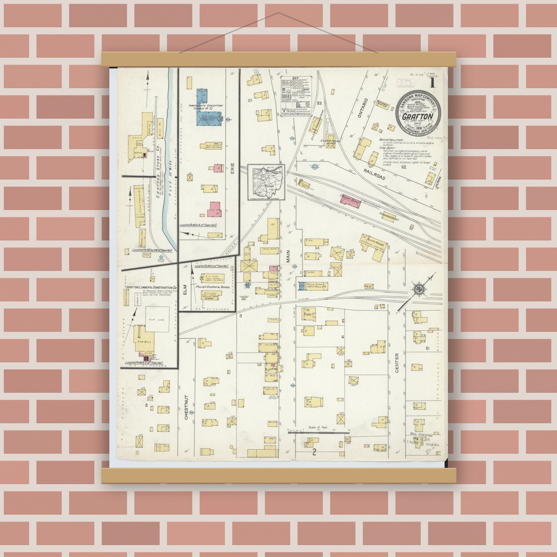 Old map wall art mockup — magnetic wood frame on brick wall — Sanborn Fire Insurance Map from Grafton, Lorain County, Ohio (1913) - Complete Map Set