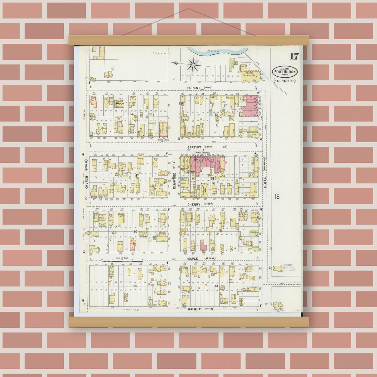 Old map wall art mockup — magnetic wood frame on brick wall — Sanborn Fire Insurance Map from Port Huron, Saint Clair County, Michigan (1898), Sheet #0017