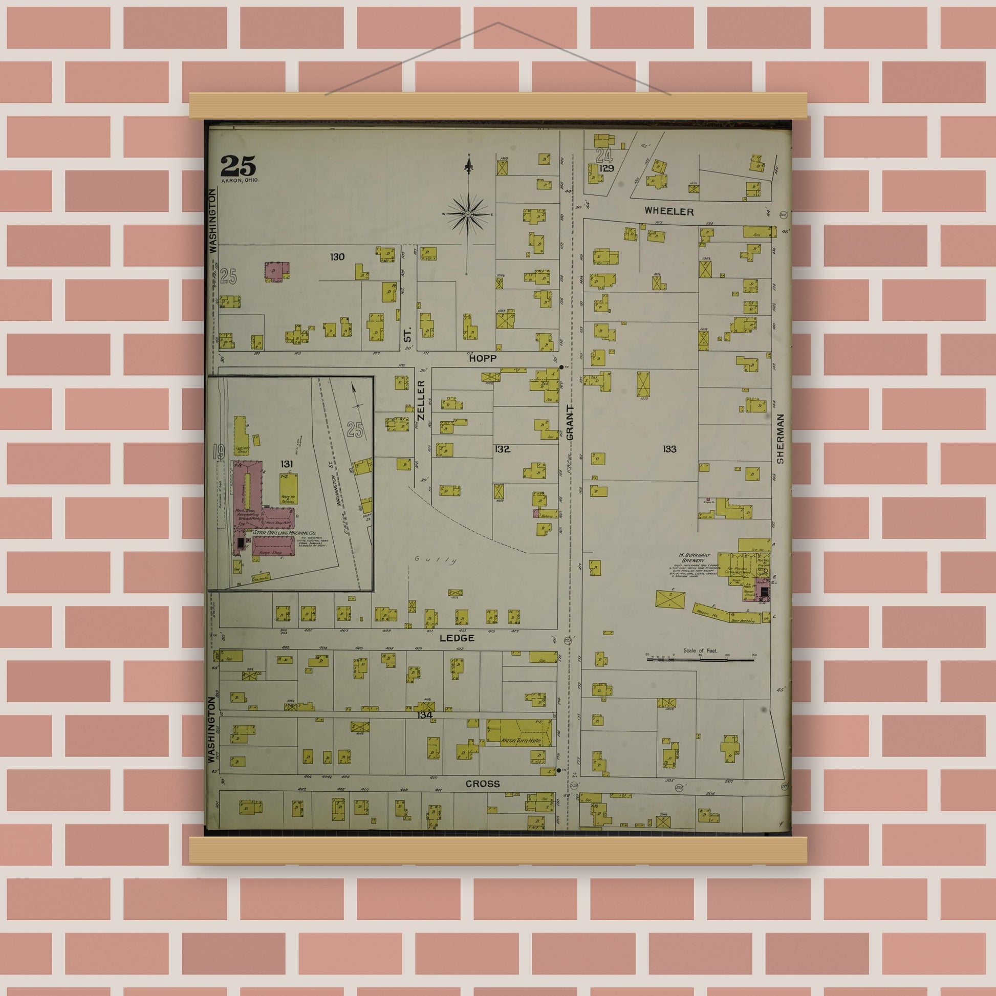 Old map wall art mockup — magnetic wood frame on brick wall — Sanborn Fire Insurance Map from Akron, Summit County, Ohio (1892), Sheet #0025