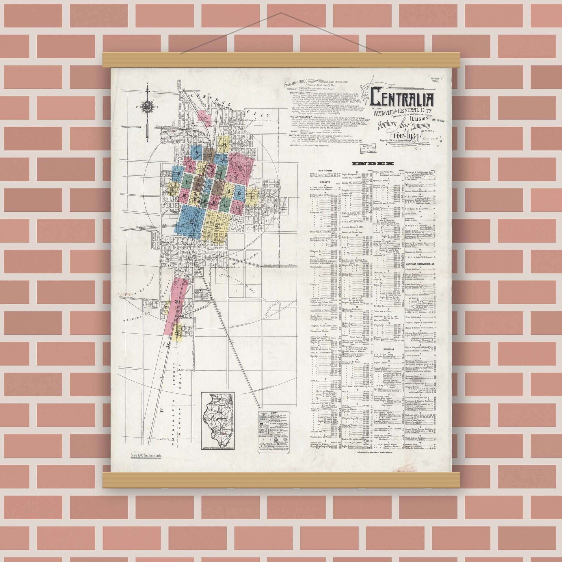 Old map wall art mockup — magnetic wood frame on brick wall — Sanborn Fire Insurance Map from Centralia, Marion, Clinton, Jefferson, and Washington Counties, Illinois (1924), Sheet #0001