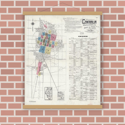 Old map wall art mockup — magnetic wood frame on brick wall — Sanborn Fire Insurance Map from Centralia, Marion, Clinton, Jefferson, and Washington Counties, Illinois (1924), Sheet #0001