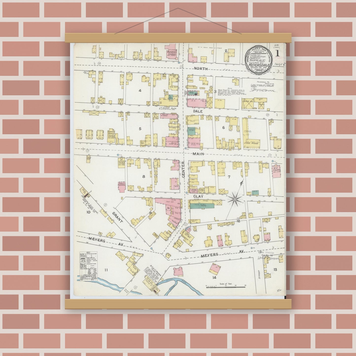 Old map wall art mockup — magnetic wood frame on brick wall — Sanborn Fire Insurance Map from Meyersdale, Somerset County, Pennsylvania (1892) - Complete Map Set