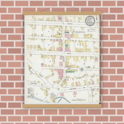 Old map wall art mockup — magnetic wood frame on brick wall — Sanborn Fire Insurance Map from Meyersdale, Somerset County, Pennsylvania (1892) - Complete Map Set