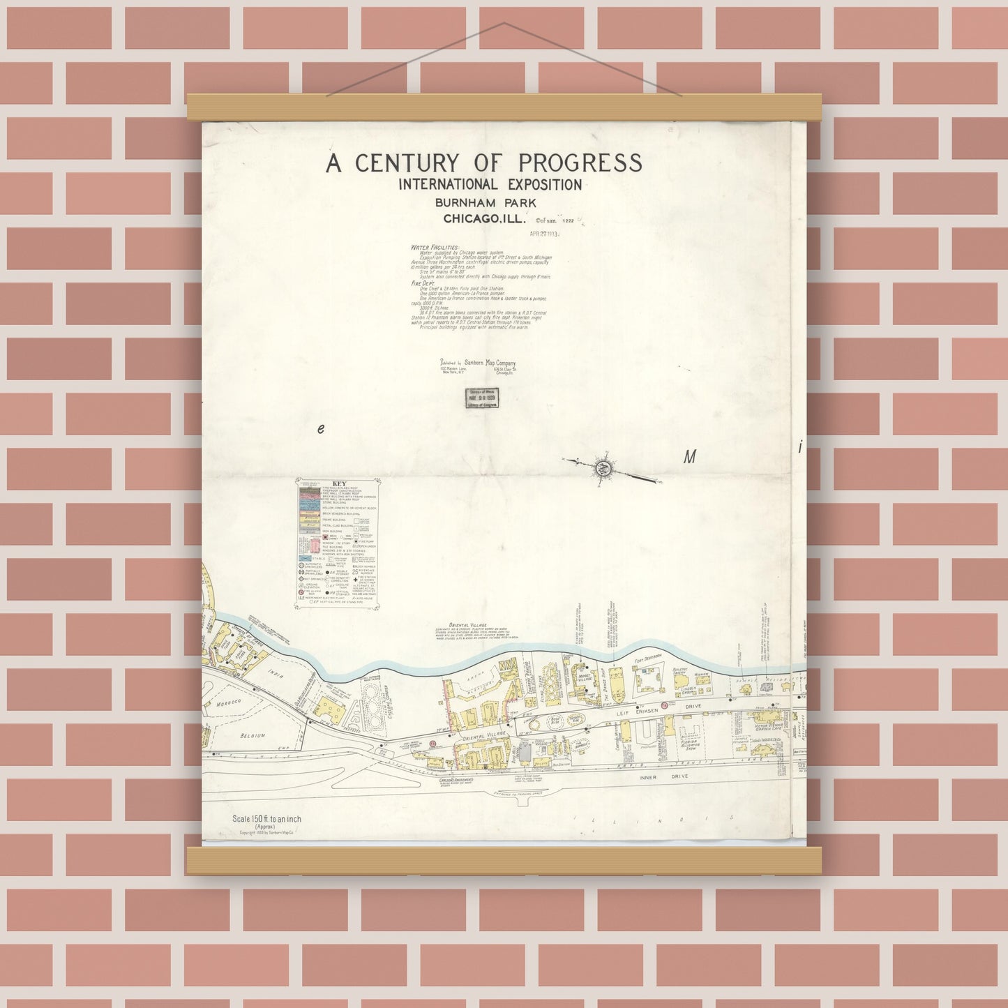 Old map wall art mockup — magnetic wood frame on brick wall — Sanborn Fire Insurance Map from Chicago, Cook County, Illinois (Unknown), Sheet #0003