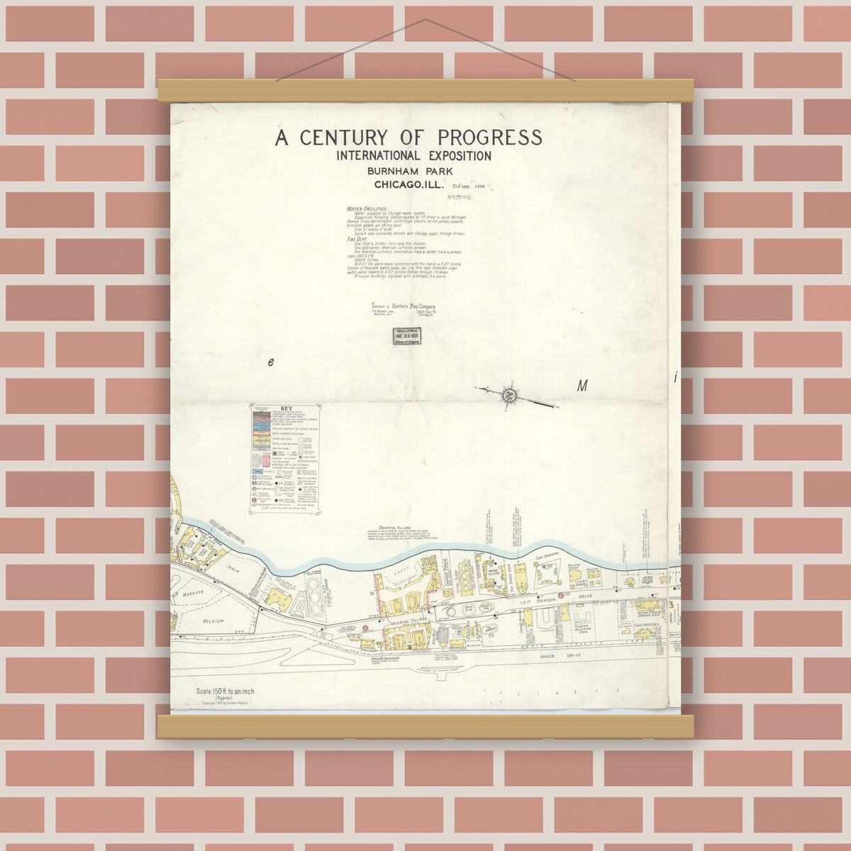 Old map wall art mockup — magnetic wood frame on brick wall — Sanborn Fire Insurance Map from Chicago, Cook County, Illinois (Unknown), Sheet #0003