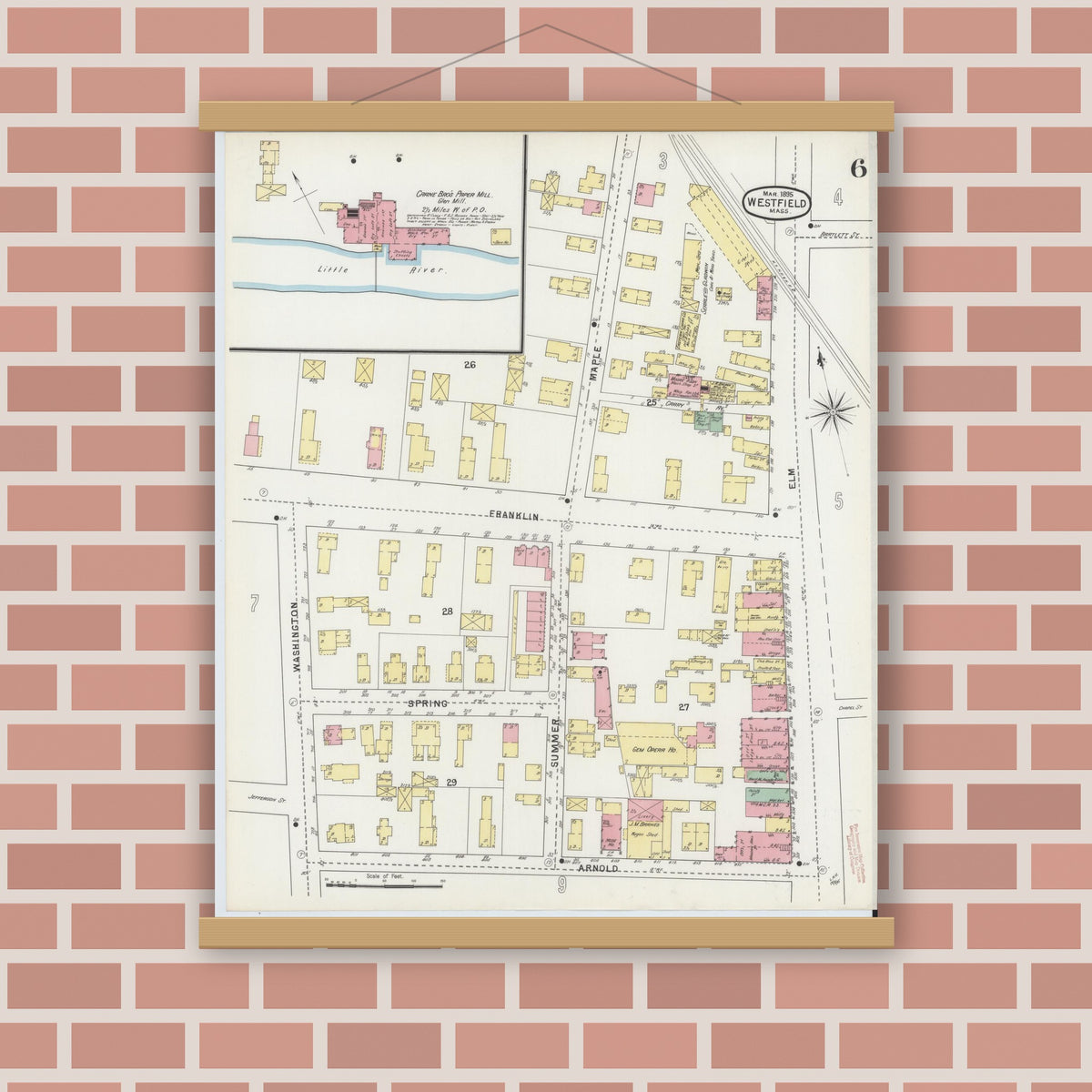 Old map wall art mockup — magnetic wood frame on brick wall — Sanborn Fire Insurance Map from Westfield, Hampden County, Massachusetts (1895), Sheet #0006
