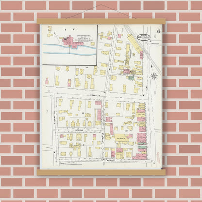 Old map wall art mockup — magnetic wood frame on brick wall — Sanborn Fire Insurance Map from Westfield, Hampden County, Massachusetts (1895), Sheet #0006