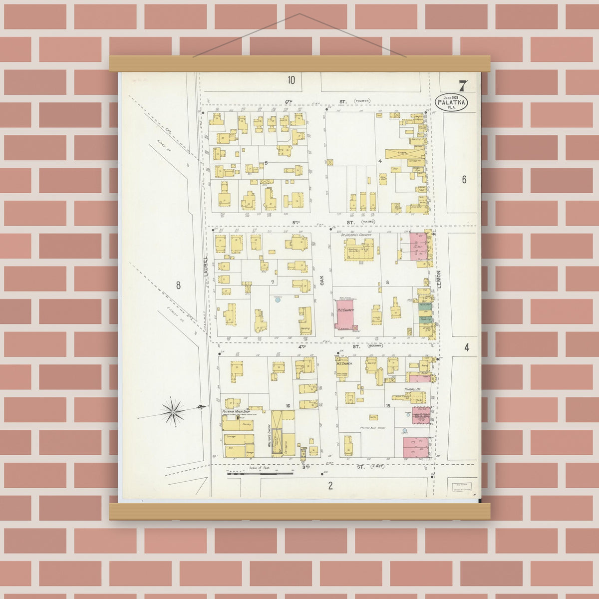 Old map wall art mockup — magnetic wood frame on brick wall — Sanborn Fire Insurance Map from Palatka, Putnam County, Florida (1903), Sheet #0007