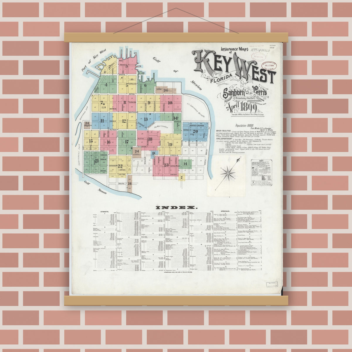 Old map wall art mockup — magnetic wood frame on brick wall — Sanborn Fire Insurance Map from Key West, Monroe County, Florida (1899) - Complete Map Set