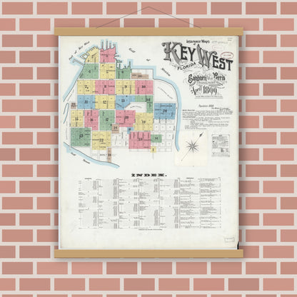 Old map wall art mockup — magnetic wood frame on brick wall — Sanborn Fire Insurance Map from Key West, Monroe County, Florida (1899) - Complete Map Set