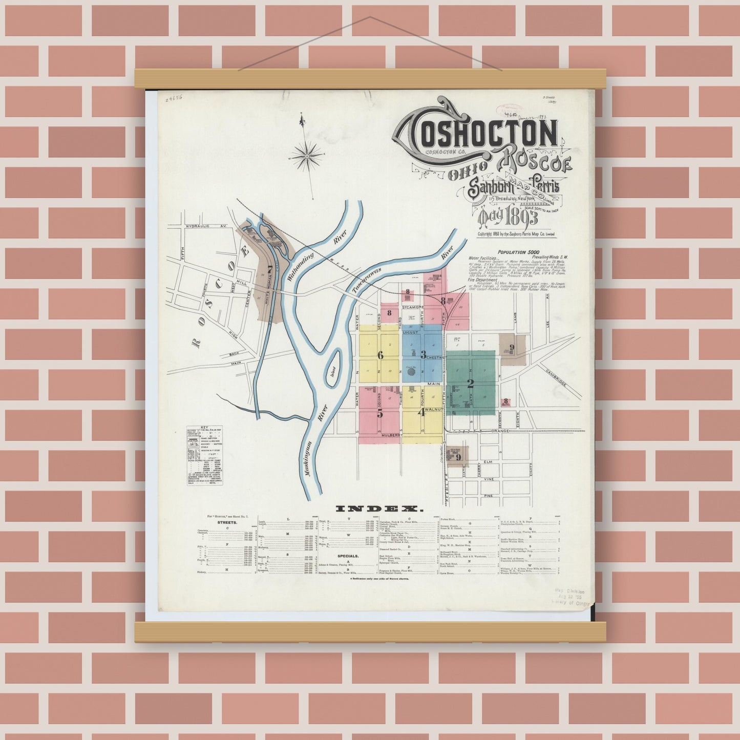 Old map wall art mockup — magnetic wood frame on brick wall — Sanborn Fire Insurance Map from Coshocton, Coshocton County, Ohio (1893) - Complete Map Set