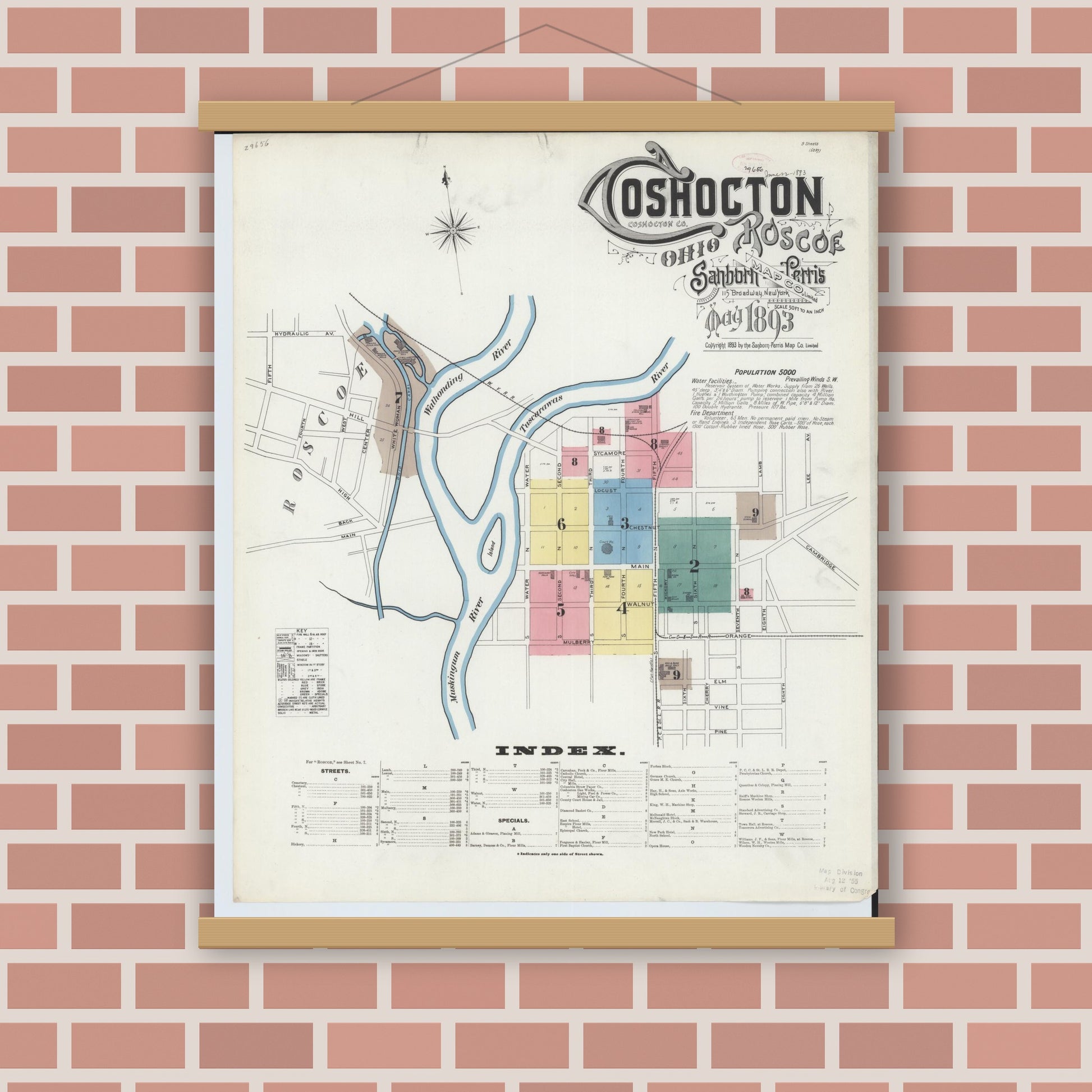 Old map wall art mockup — magnetic wood frame on brick wall — Sanborn Fire Insurance Map from Coshocton, Coshocton County, Ohio (1893) - Complete Map Set