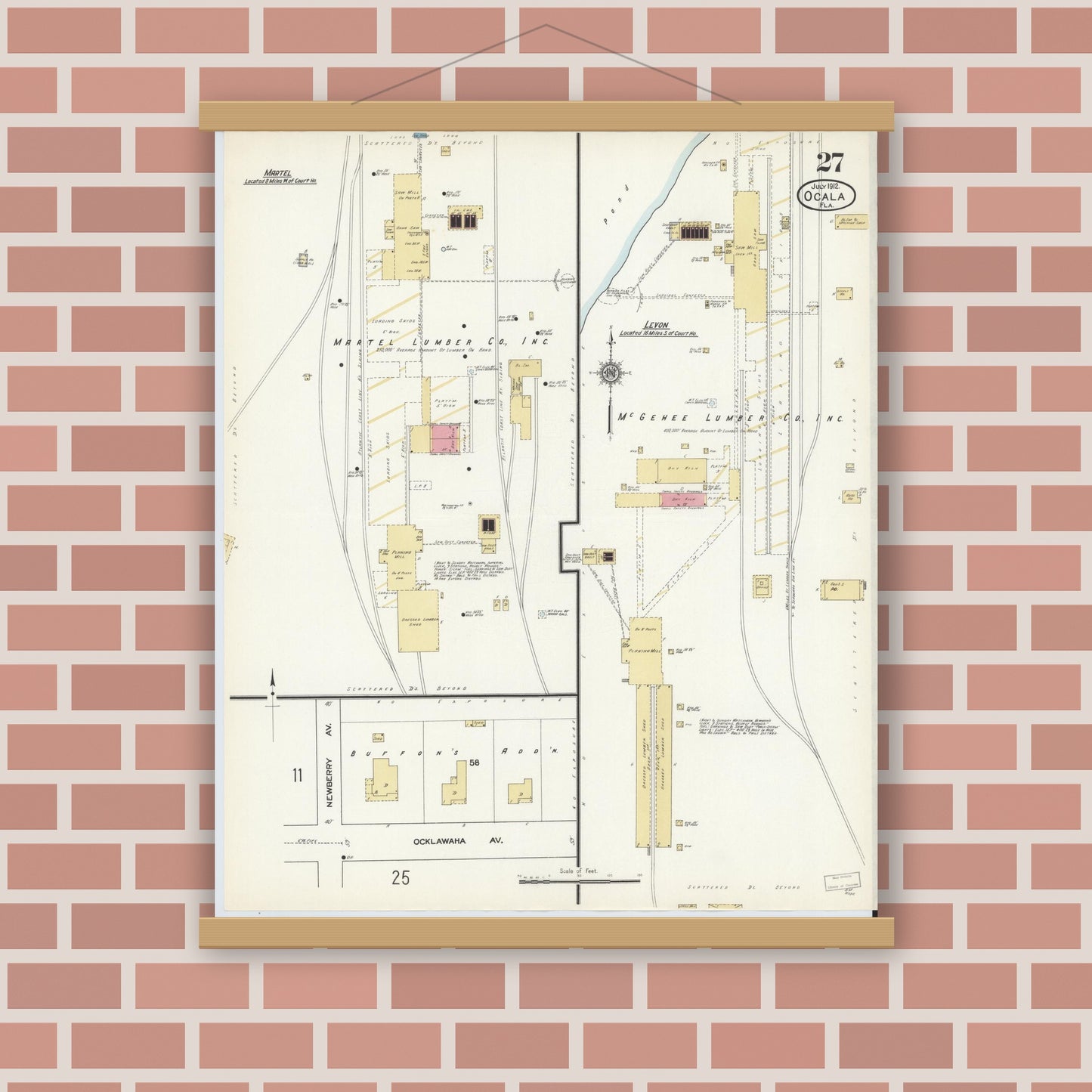 Old map wall art mockup — magnetic wood frame on brick wall — Sanborn Fire Insurance Map from Ocala, Marion County, Florida (1912), Sheet #0027