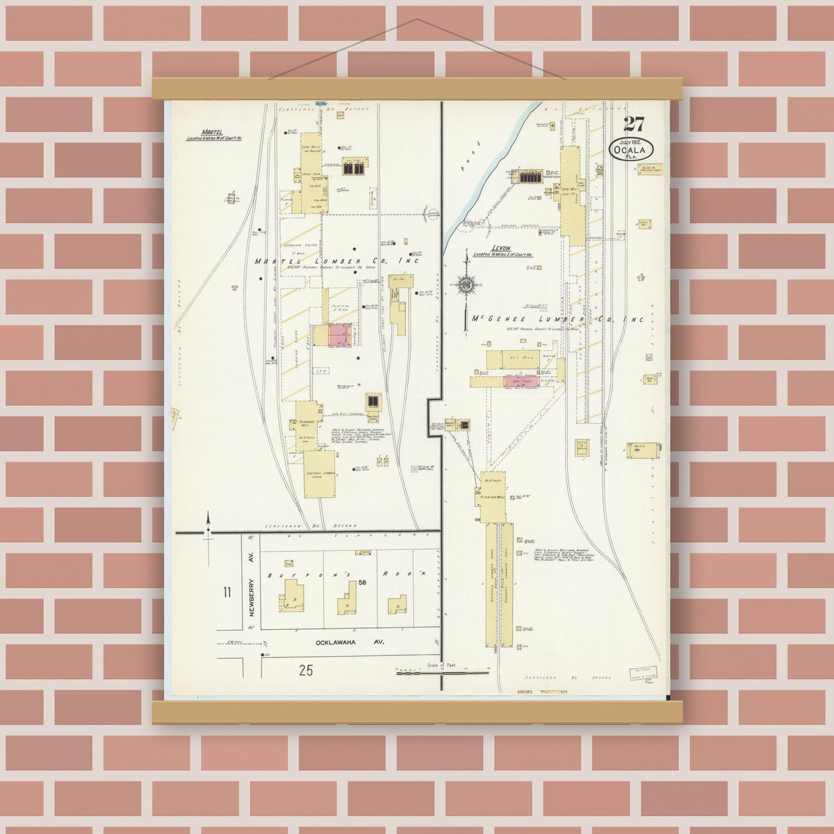 Old map wall art mockup — magnetic wood frame on brick wall — Sanborn Fire Insurance Map from Ocala, Marion County, Florida (1912), Sheet #0027