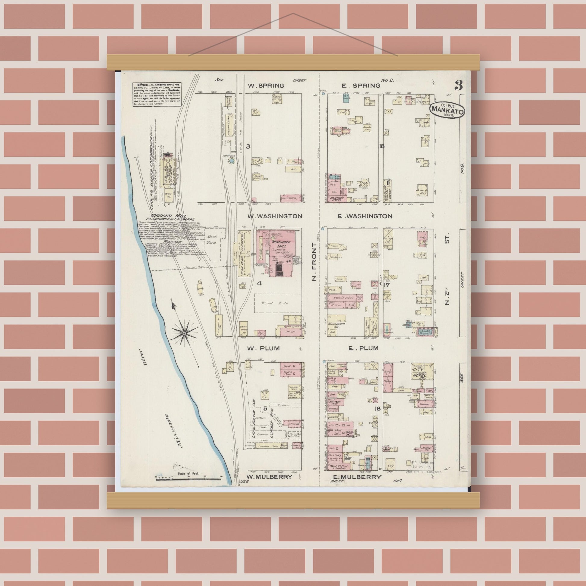 Old map wall art mockup — magnetic wood frame on brick wall — Sanborn Fire Insurance Map from Mankato, Blue Earth County, Minnesota (1884), Sheet #0003