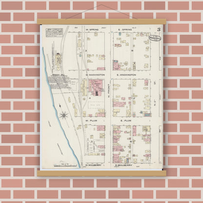 Old map wall art mockup — magnetic wood frame on brick wall — Sanborn Fire Insurance Map from Mankato, Blue Earth County, Minnesota (1884), Sheet #0003