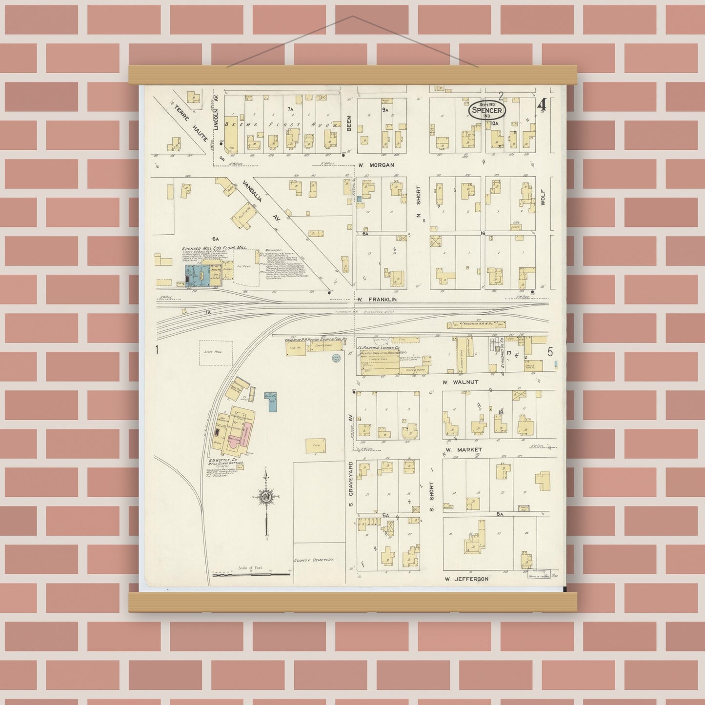 Old map wall art mockup — magnetic wood frame on brick wall — Sanborn Fire Insurance Map from Spencer, Owen County, Indiana (1912), Sheet #0004
