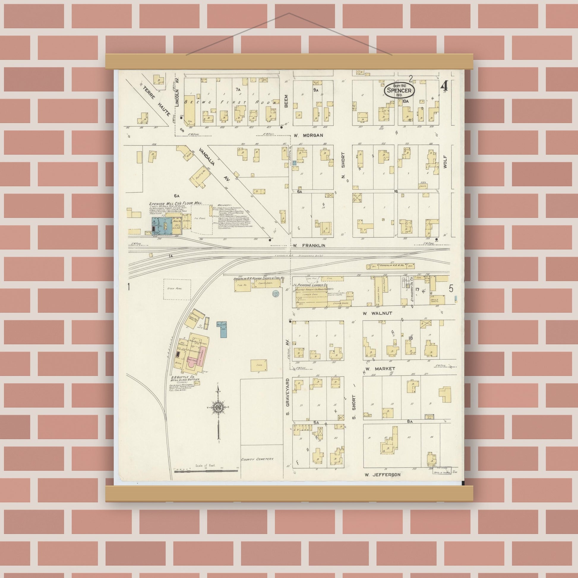 Old map wall art mockup — magnetic wood frame on brick wall — Sanborn Fire Insurance Map from Spencer, Owen County, Indiana (1912), Sheet #0004