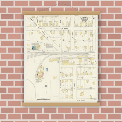 Old map wall art mockup — magnetic wood frame on brick wall — Sanborn Fire Insurance Map from Spencer, Owen County, Indiana (1912), Sheet #0004