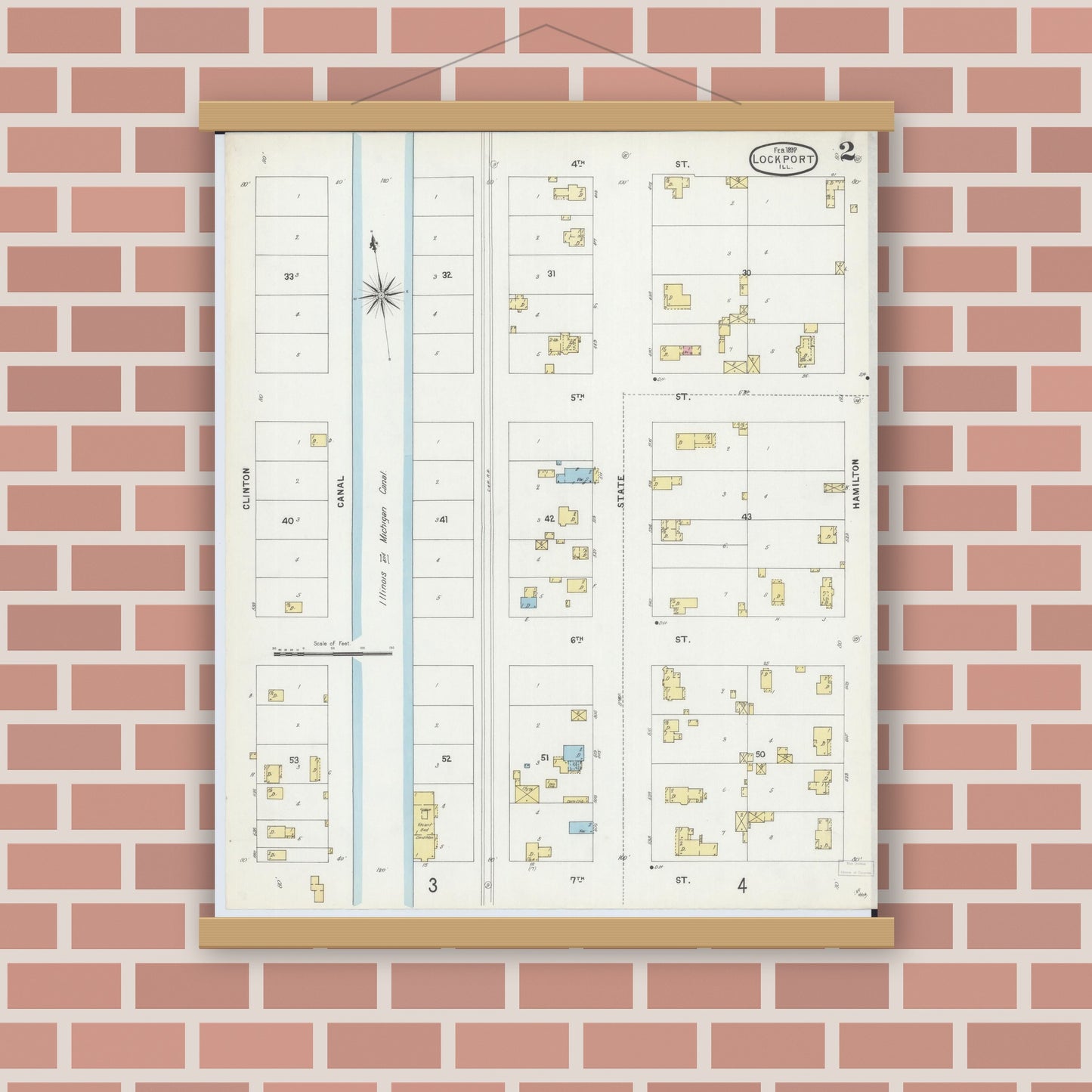 Old map wall art mockup — magnetic wood frame on brick wall — Sanborn Fire Insurance Map from Lockport, Will County, Illinois (1897), Sheet #0002