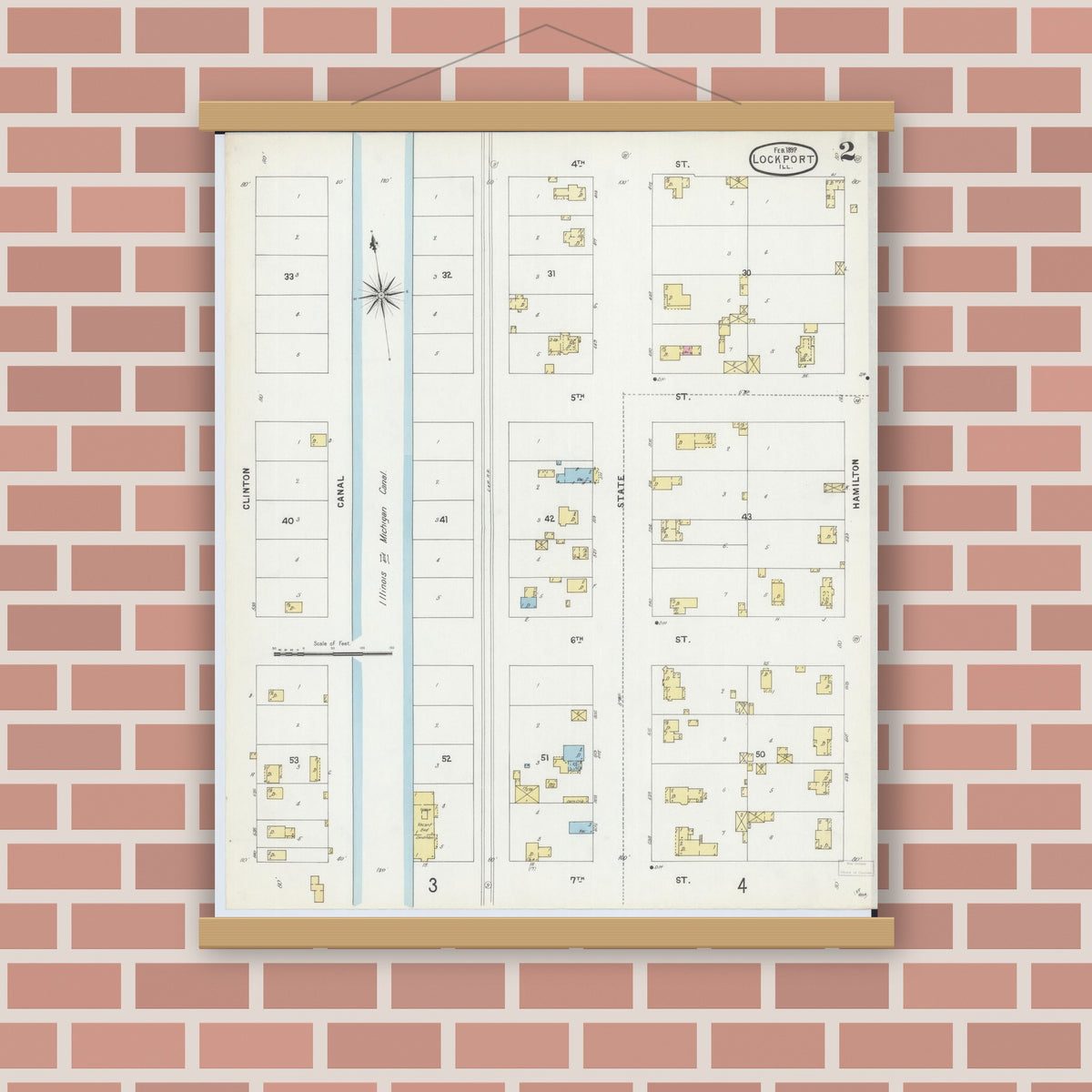 Old map wall art mockup — magnetic wood frame on brick wall — Sanborn Fire Insurance Map from Lockport, Will County, Illinois (1897), Sheet #0002