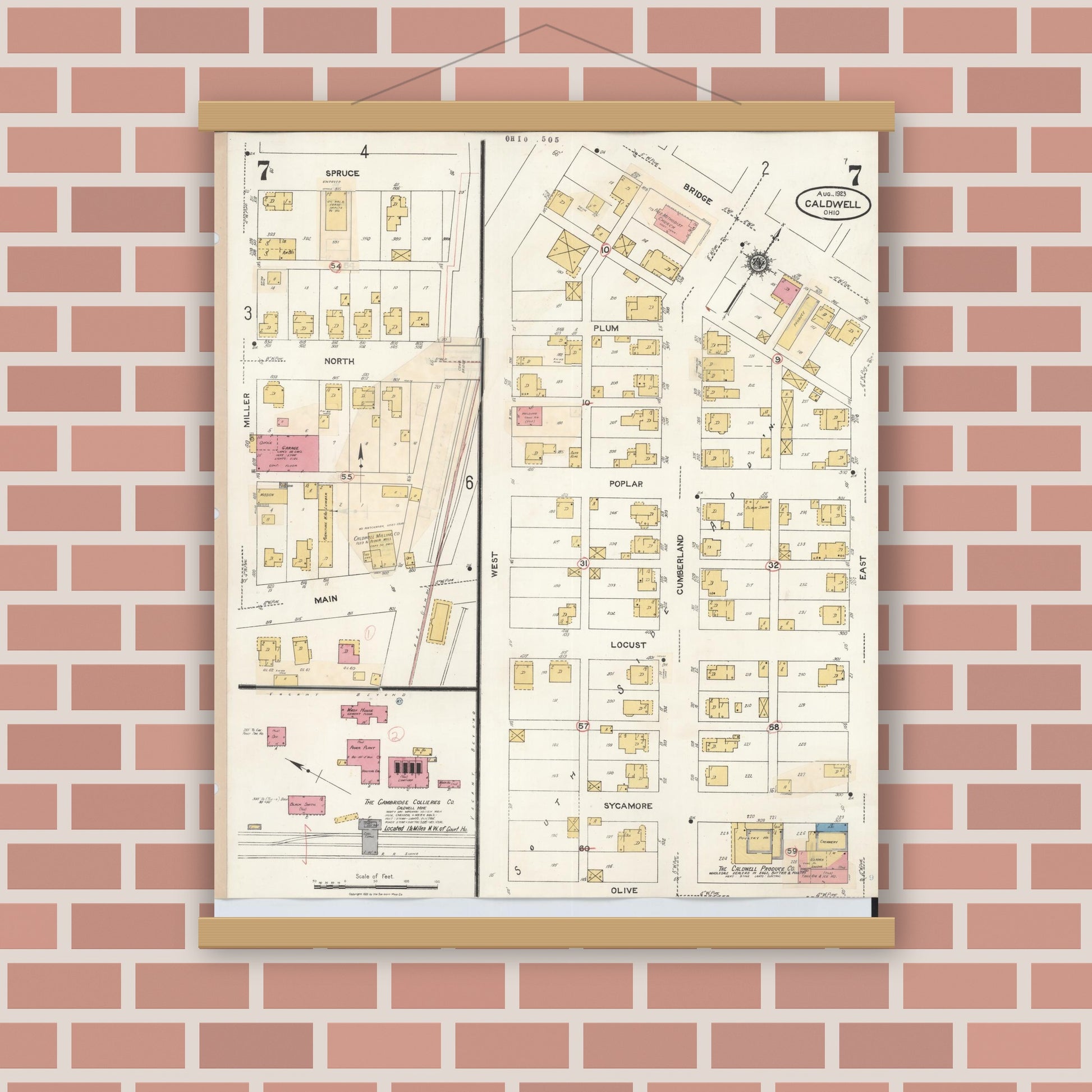Old map wall art mockup — magnetic wood frame on brick wall — Sanborn Fire Insurance Map from Caldwell, Noble County, Ohio (1932), Sheet #0007