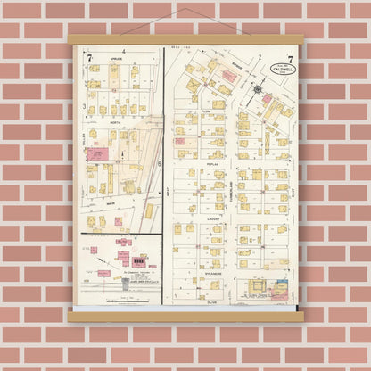 Old map wall art mockup — magnetic wood frame on brick wall — Sanborn Fire Insurance Map from Caldwell, Noble County, Ohio (1932), Sheet #0007