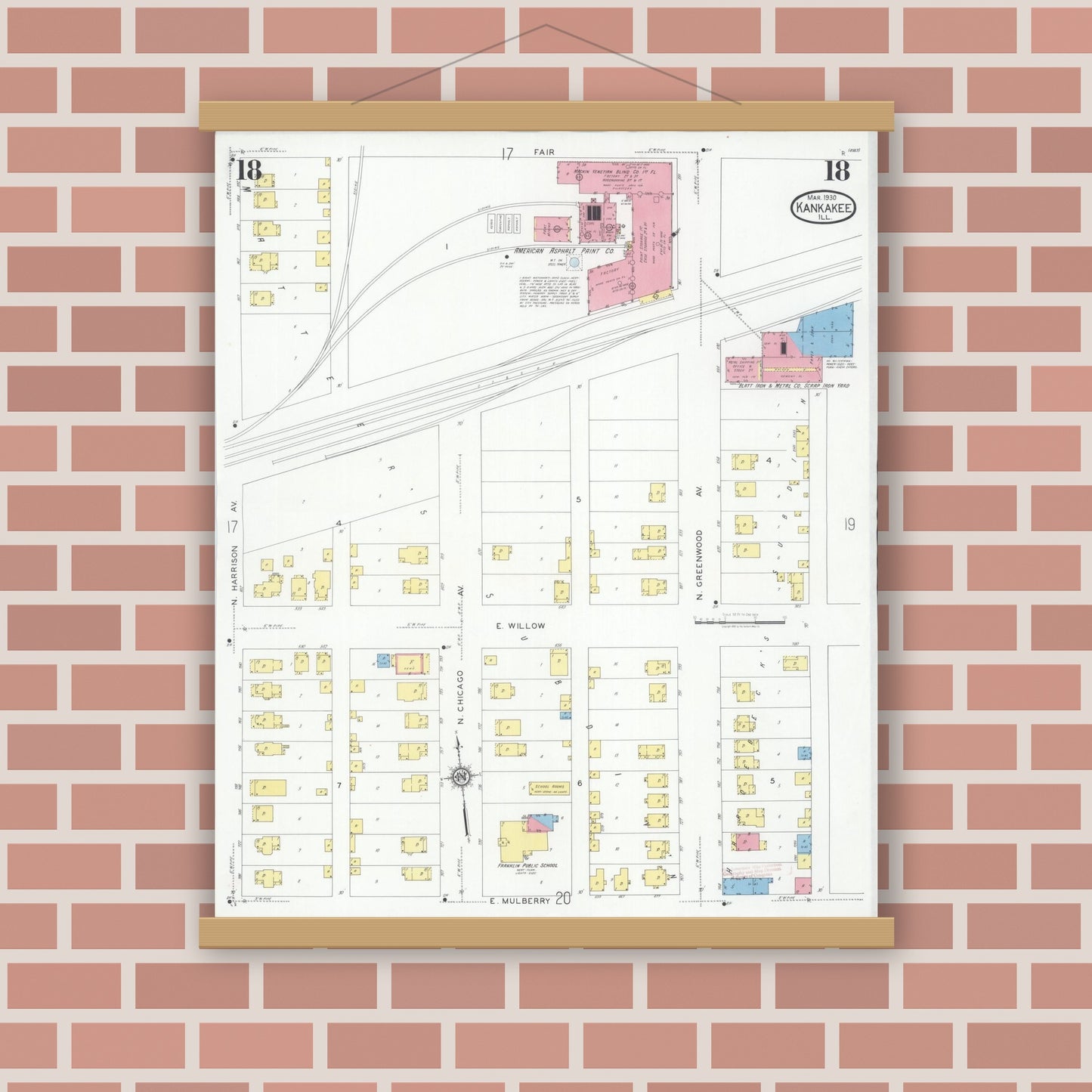 Old map wall art mockup — magnetic wood frame on brick wall — Sanborn Fire Insurance Map from Kankakee, Kankakee County, Illinois (1930), Sheet #0018
