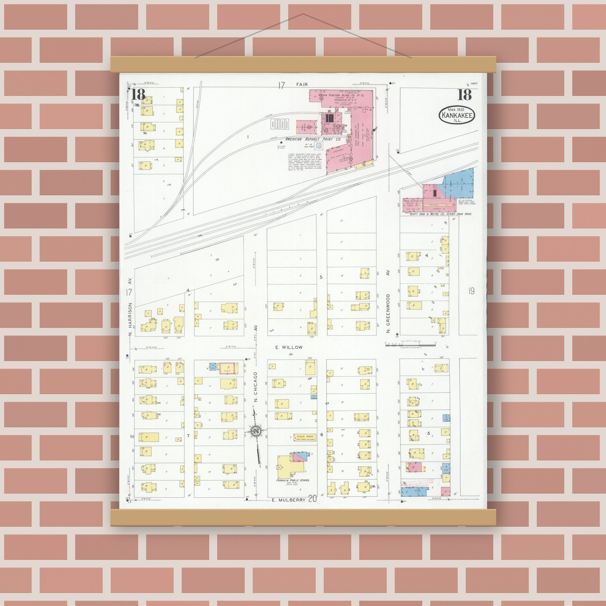 Old map wall art mockup — magnetic wood frame on brick wall — Sanborn Fire Insurance Map from Kankakee, Kankakee County, Illinois (1930), Sheet #0018