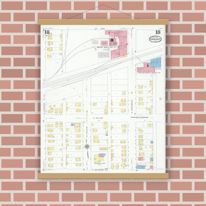 Old map wall art mockup — magnetic wood frame on brick wall — Sanborn Fire Insurance Map from Kankakee, Kankakee County, Illinois (1930), Sheet #0018