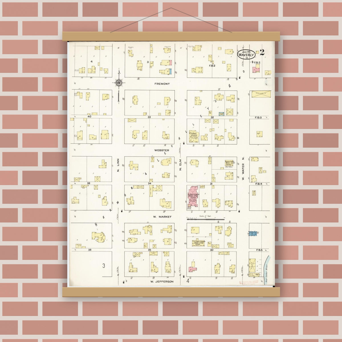Old map wall art mockup — magnetic wood frame on brick wall — Sanborn Fire Insurance Map from Waverly, Bremer County, Iowa (1915), Sheet #0002