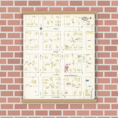 Old map wall art mockup — magnetic wood frame on brick wall — Sanborn Fire Insurance Map from Waverly, Bremer County, Iowa (1915), Sheet #0002