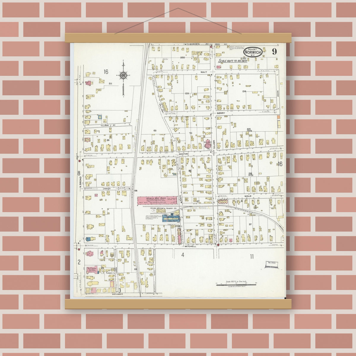 Old map wall art mockup — magnetic wood frame on brick wall — Sanborn Fire Insurance Map from Norwich, Chenango County, New York (1917), Sheet #0009