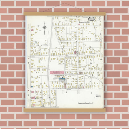 Old map wall art mockup — magnetic wood frame on brick wall — Sanborn Fire Insurance Map from Norwich, Chenango County, New York (1917), Sheet #0009