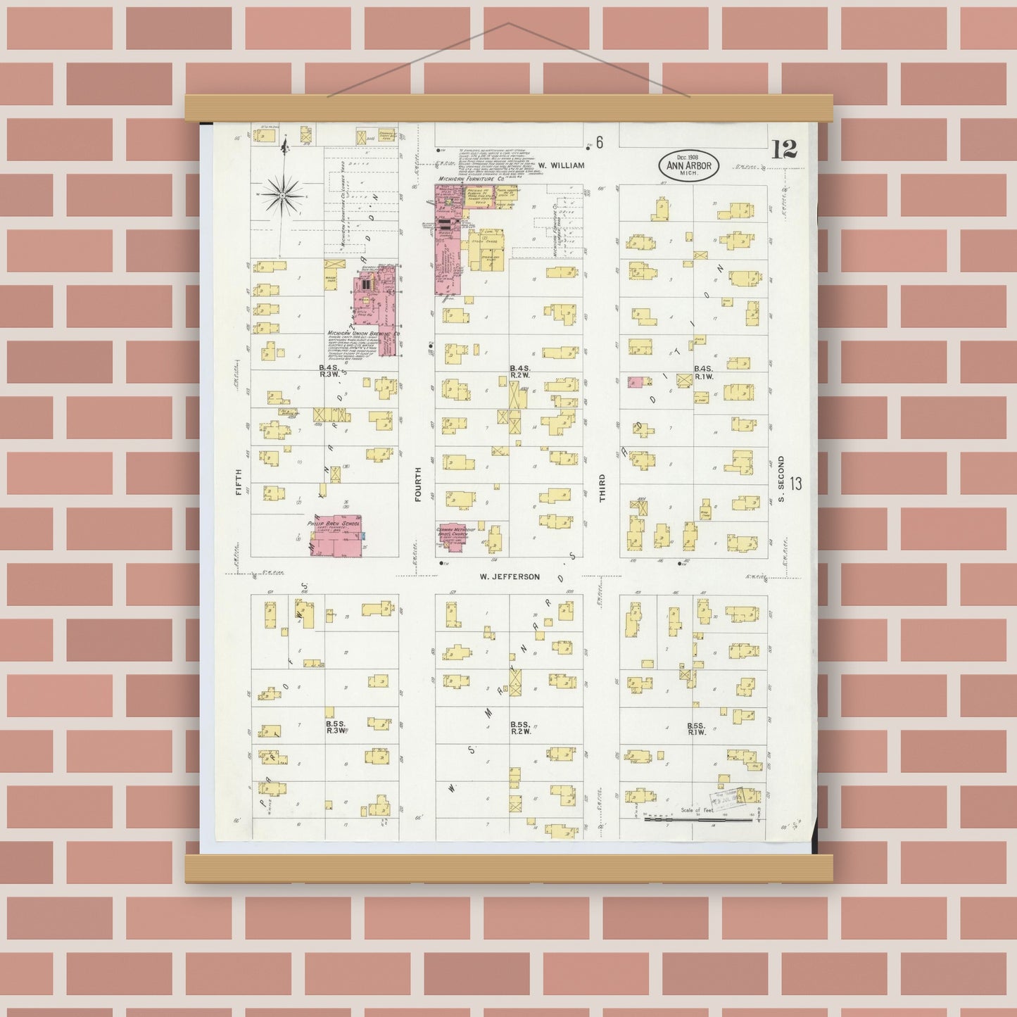 Old map wall art mockup — magnetic wood frame on brick wall — Sanborn Fire Insurance Map from Ann Arbor, Washtenaw County, Michigan (1908), Sheet #0012