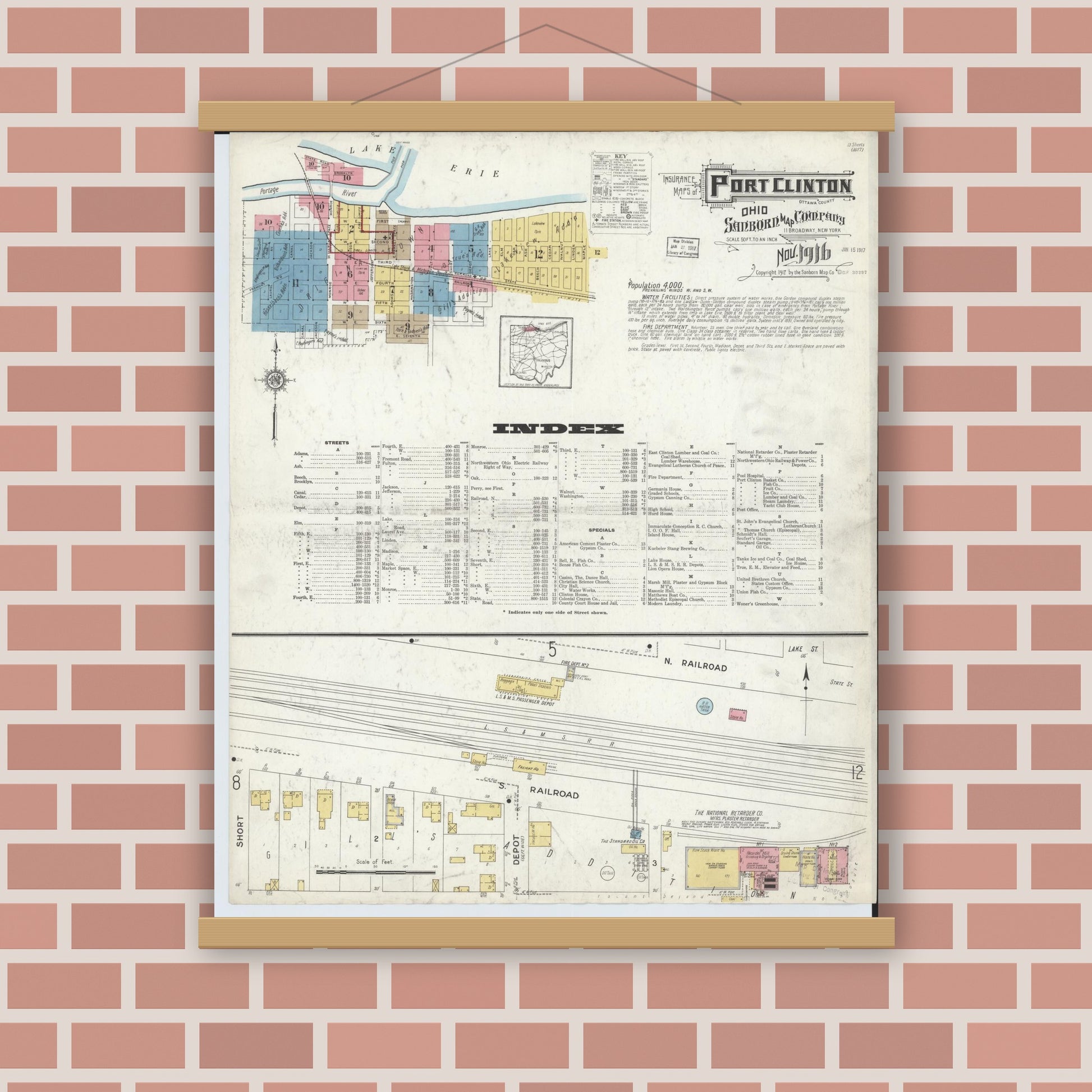 Old map wall art mockup — magnetic wood frame on brick wall — Sanborn Fire Insurance Map from Port Clinton, Ottawa County, Ohio (1916), Sheet #0001