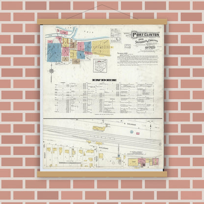 Old map wall art mockup — magnetic wood frame on brick wall — Sanborn Fire Insurance Map from Port Clinton, Ottawa County, Ohio (1916), Sheet #0001
