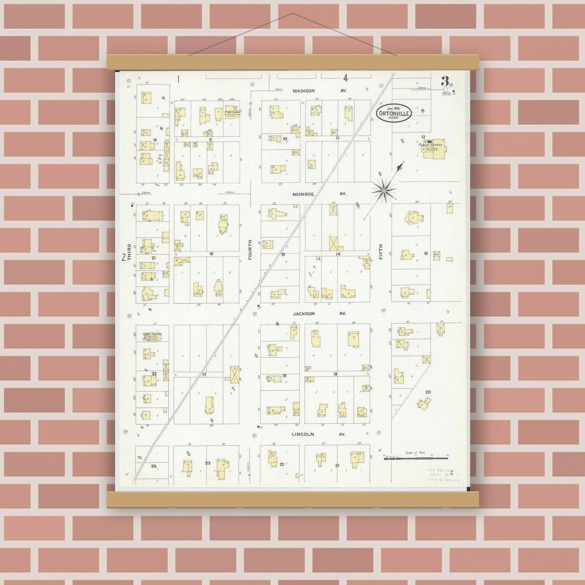 Old map wall art mockup — magnetic wood frame on brick wall — Sanborn Fire Insurance Map from Ortonville, Big Stone County, Minnesota (1909), Sheet #0003