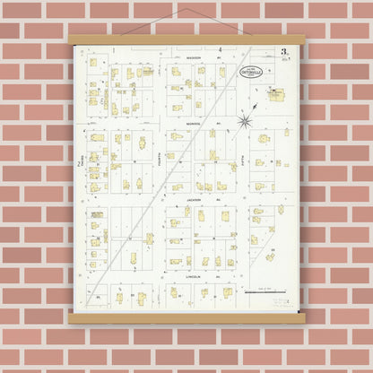 Old map wall art mockup — magnetic wood frame on brick wall — Sanborn Fire Insurance Map from Ortonville, Big Stone County, Minnesota (1909), Sheet #0003