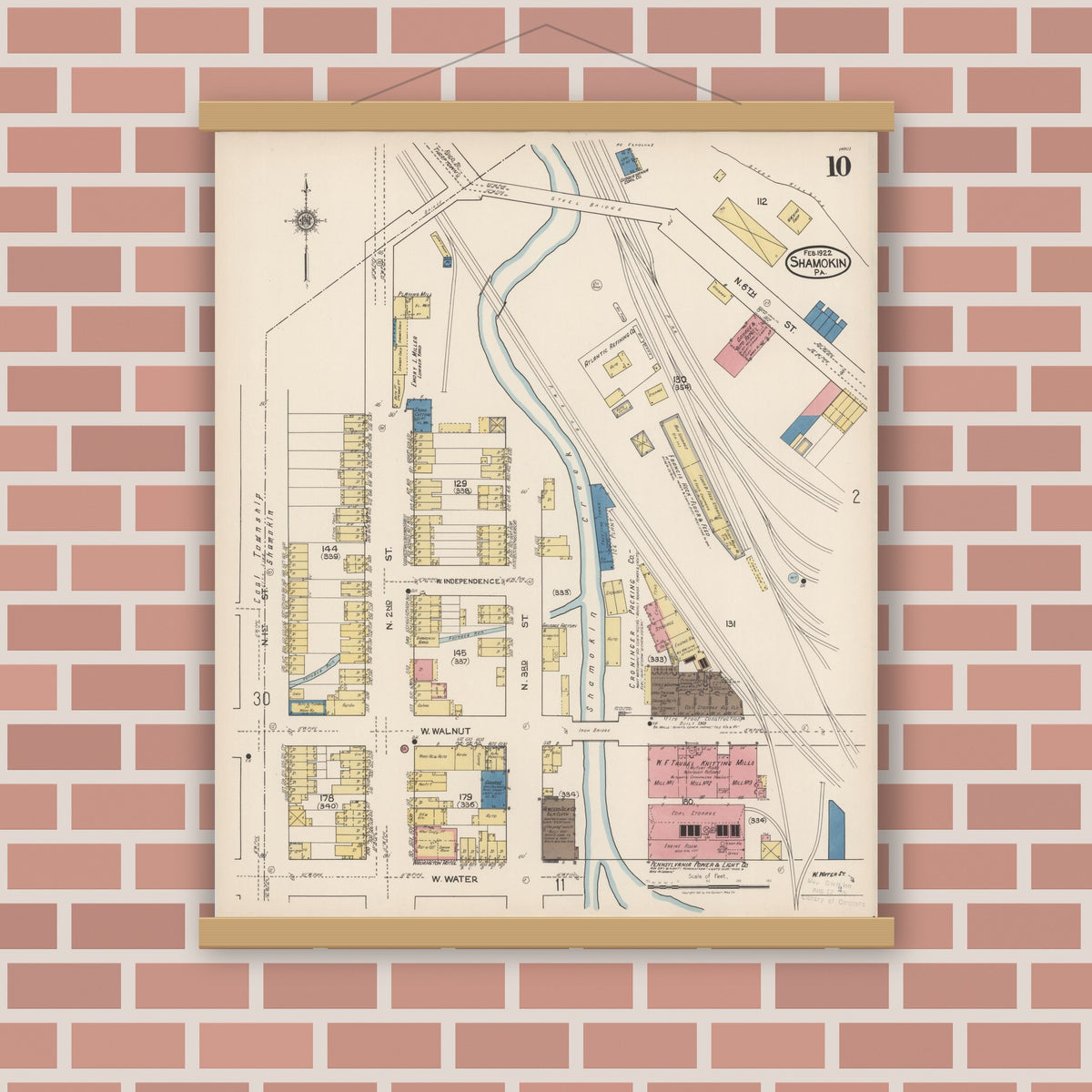 Old map wall art mockup — magnetic wood frame on brick wall — Sanborn Fire Insurance Map from Shamokin, Northumberland County, Pennsylvania (1922), Sheet #0010