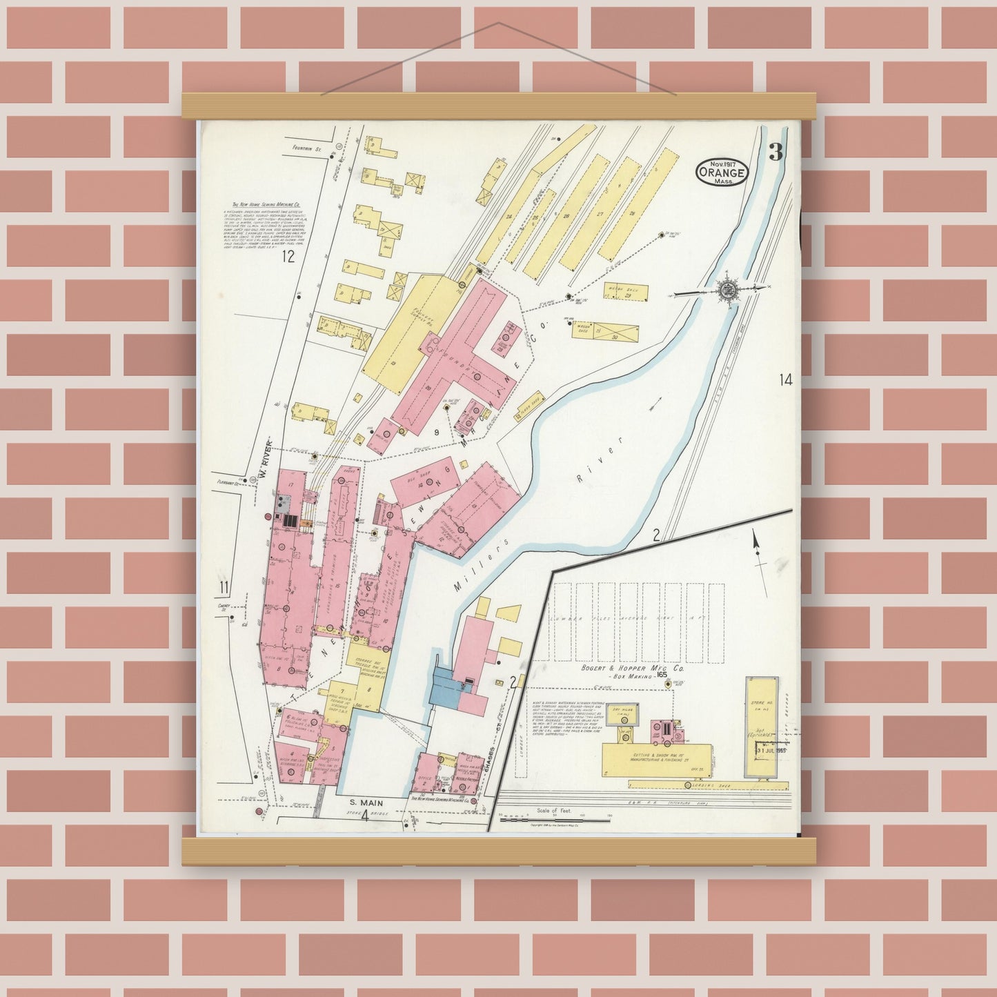 Old map wall art mockup — magnetic wood frame on brick wall — Sanborn Fire Insurance Map from Orange, Franklin County, Massachusetts (1917), Sheet #0003