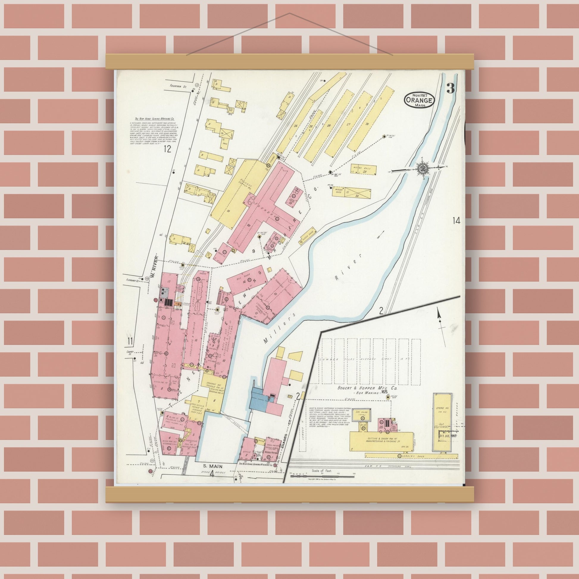 Old map wall art mockup — magnetic wood frame on brick wall — Sanborn Fire Insurance Map from Orange, Franklin County, Massachusetts (1917), Sheet #0003