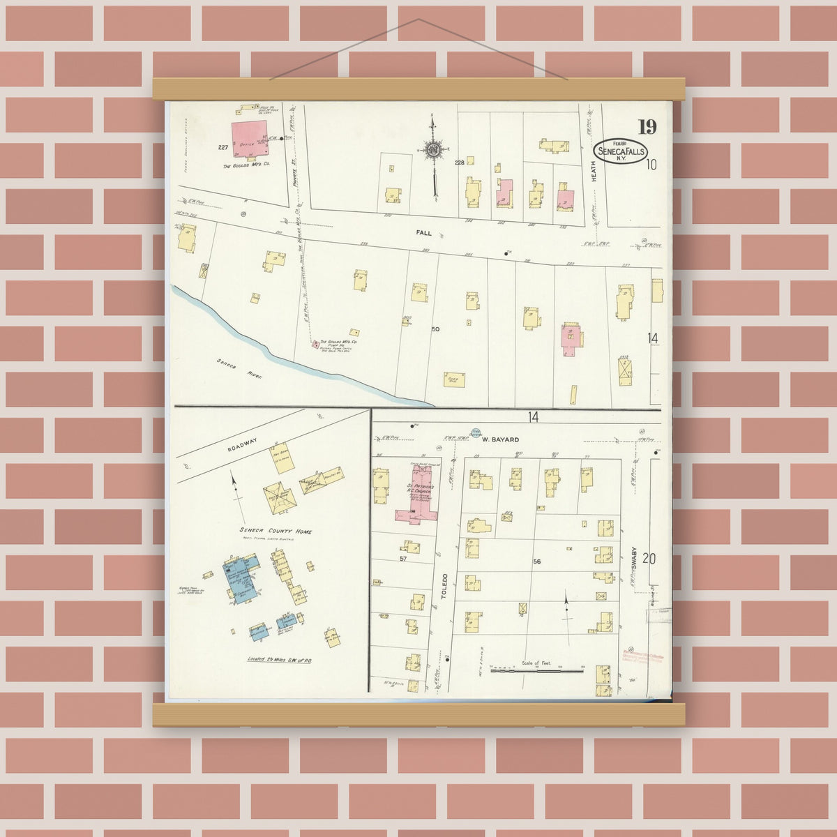Old map wall art mockup — magnetic wood frame on brick wall — Sanborn Fire Insurance Map from Seneca Falls, Seneca County, New York (1911), Sheet #0019