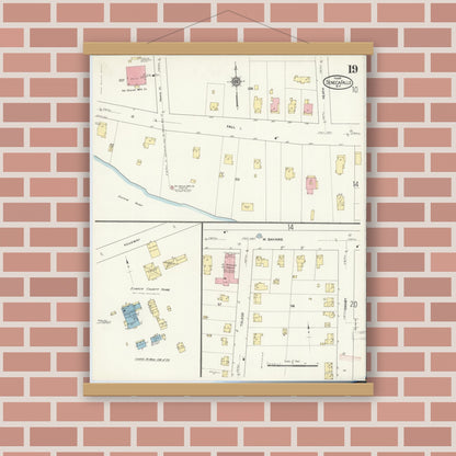 Old map wall art mockup — magnetic wood frame on brick wall — Sanborn Fire Insurance Map from Seneca Falls, Seneca County, New York (1911), Sheet #0019