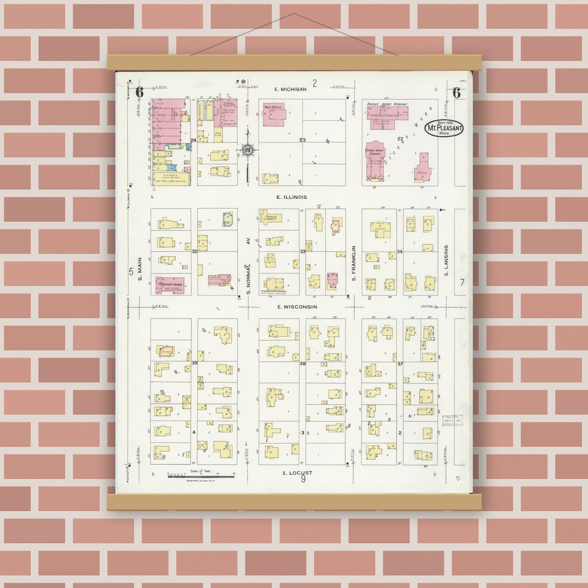 Old map wall art mockup — magnetic wood frame on brick wall — Sanborn Fire Insurance Map from Mount Pleasant, Isabella County, Michigan (1924), Sheet #0006