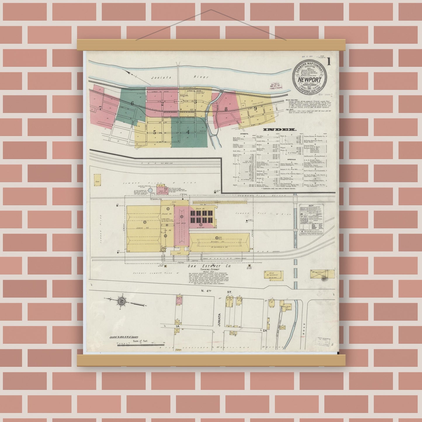 Old map wall art mockup — magnetic wood frame on brick wall — Sanborn Fire Insurance Map from Newport, Perry County, Pennsylvania (1911) - Complete Map Set