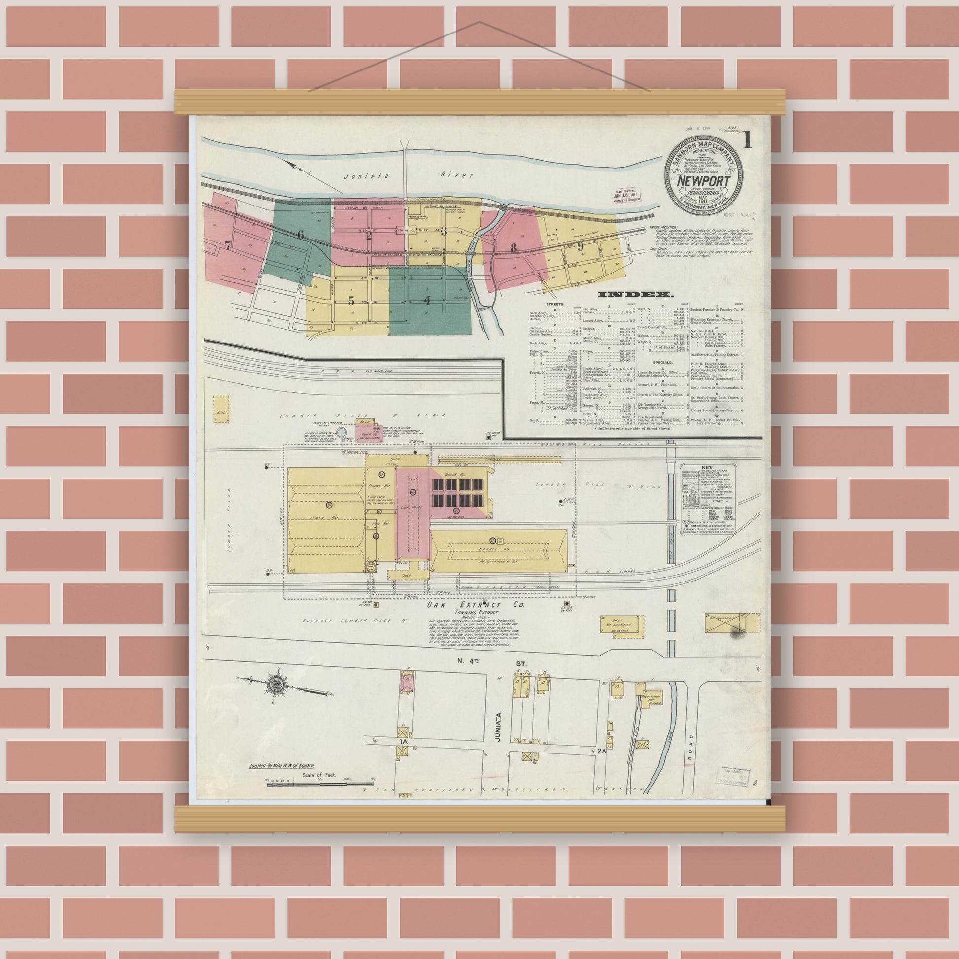 Old map wall art mockup — magnetic wood frame on brick wall — Sanborn Fire Insurance Map from Newport, Perry County, Pennsylvania (1911) - Complete Map Set