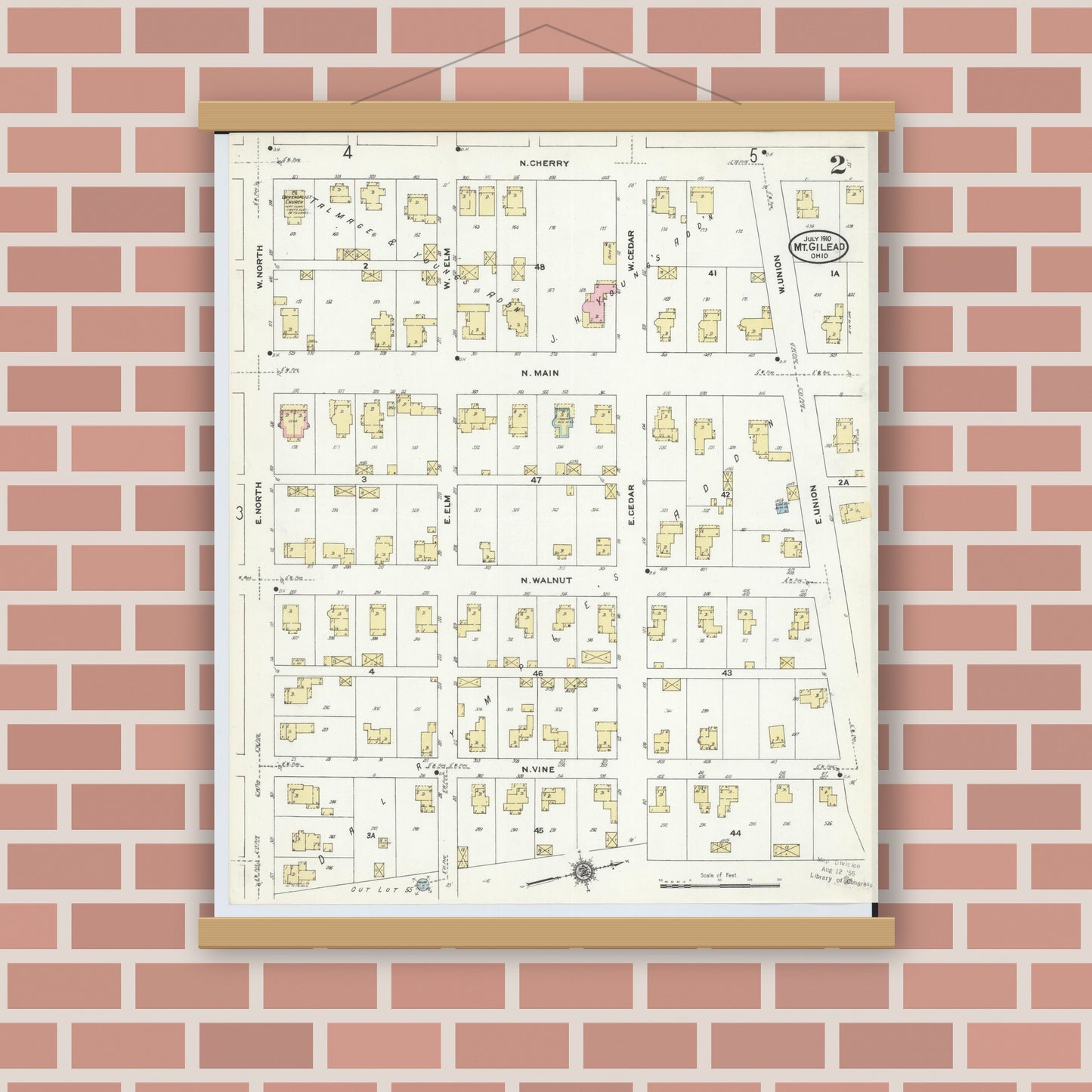 Old map wall art mockup — magnetic wood frame on brick wall — Sanborn Fire Insurance Map from Mount Gilead, Morrow County, Ohio (1910), Sheet #0002
