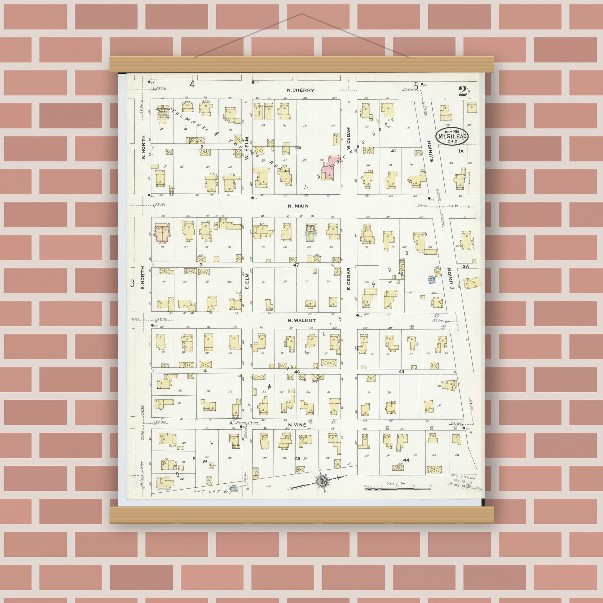 Old map wall art mockup — magnetic wood frame on brick wall — Sanborn Fire Insurance Map from Mount Gilead, Morrow County, Ohio (1910), Sheet #0002