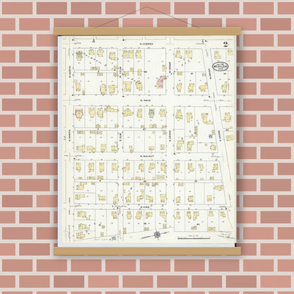 Old map wall art mockup — magnetic wood frame on brick wall — Sanborn Fire Insurance Map from Mount Gilead, Morrow County, Ohio (1910), Sheet #0002